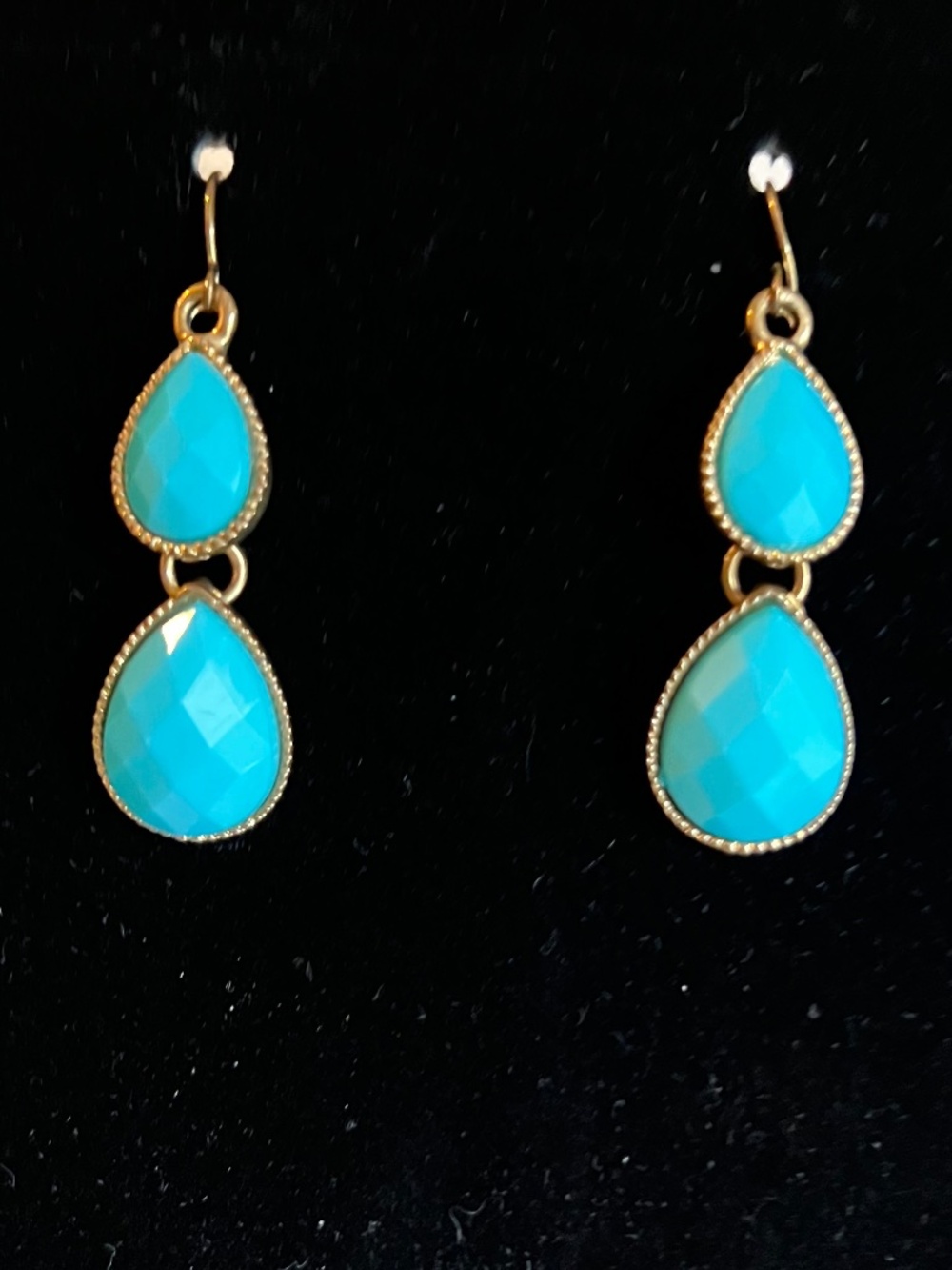 Turquoise Colored Stone Earrings Pear Shape Double Drop Goldtone Charming
